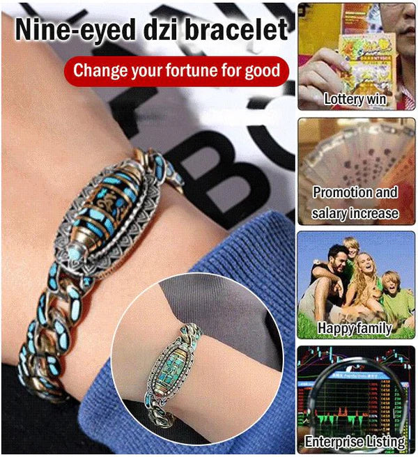 Turquoise Six-character Mantra Nine-eyed Dzi Bracelet