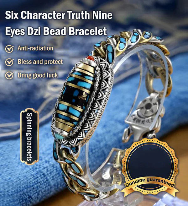 Turquoise Six-character Mantra Nine-eyed Dzi Bracelet