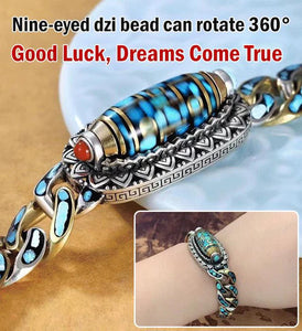 Turquoise Six-character Mantra Nine-eyed Dzi Bracelet