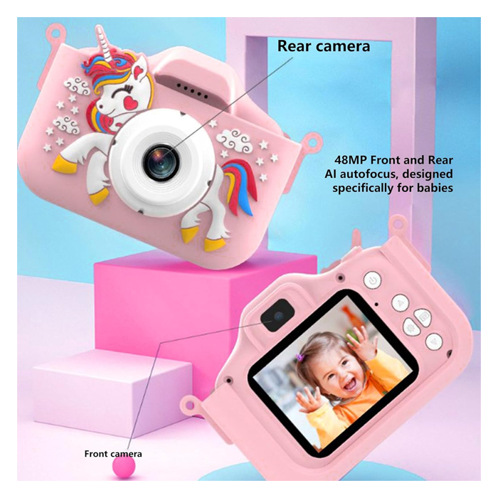 Kids Selfie Camera, Auto Multi Functional Digital Camera Toy Cute Shell Rechargeable 2.0 Inch IPS Screen 1080P Dual Lens for Outdoor